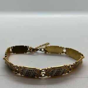 Vintage Goldtone w Black & White Enamel Damascene Rectangle Link Bracelet